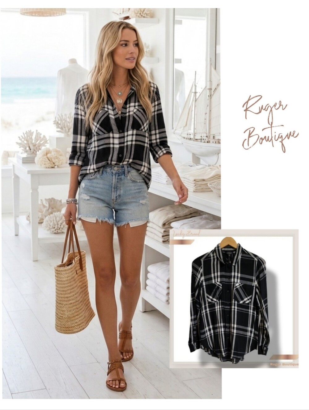 🌿NWT Lucky Brand Women's Small Black White Plaid Flannel Button Down Shirt Top